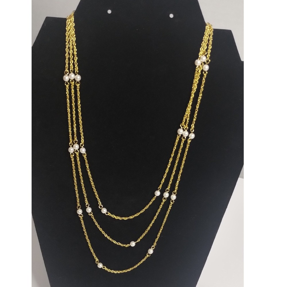 Vintage Style Gold Tone 3 Strand Faux Pearl Rope Chain Necklace 18" Layered Look